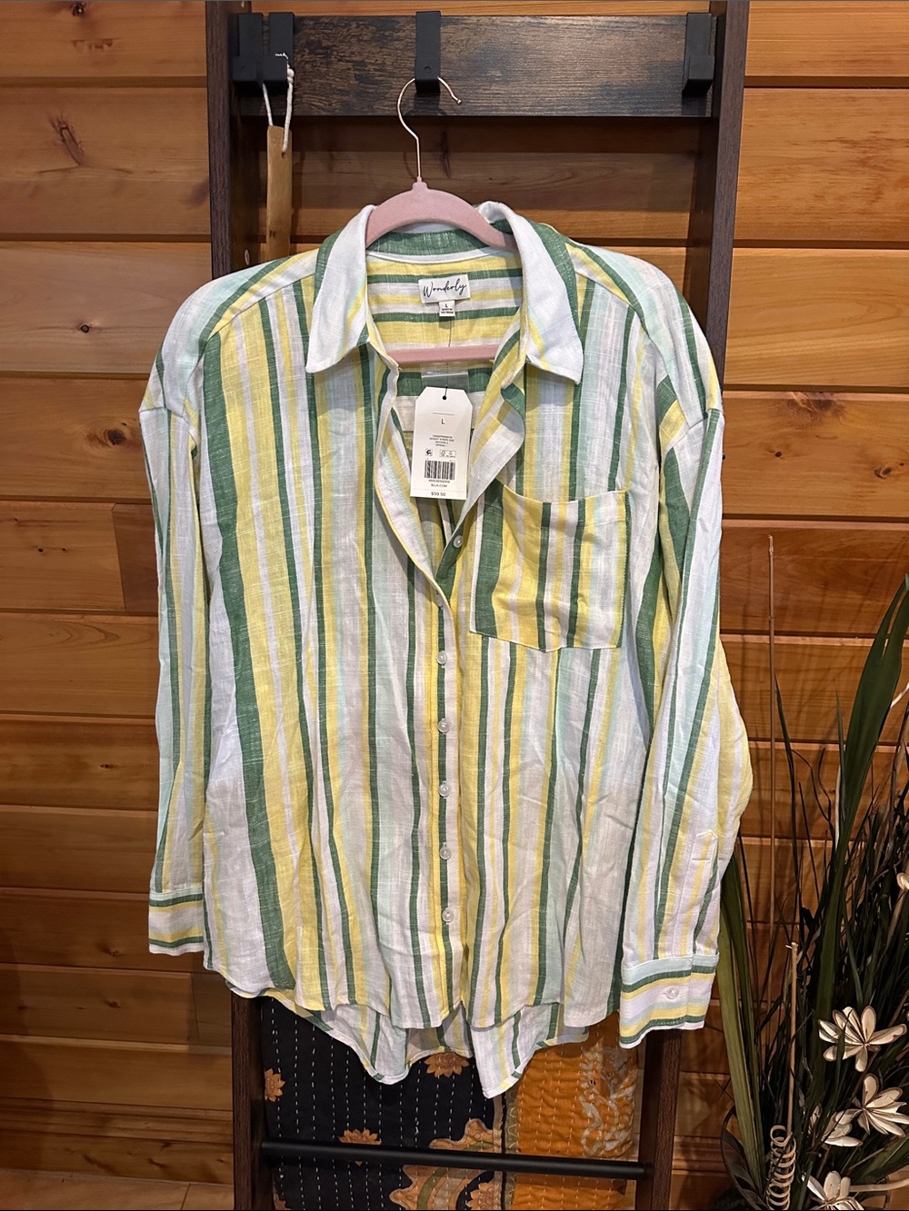 Wonderly Striped Button-Down linen blend Shirt in White, Yellow & Green